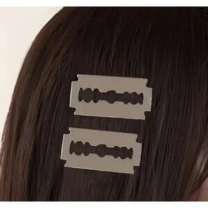 Two Razor Blade Hair Barrettes Silver Tone Accessories Punk Goth E Girl Costume